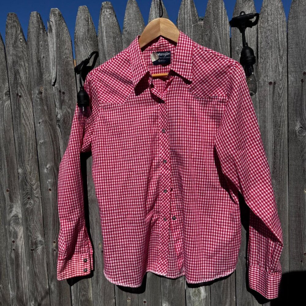 Vintage Wrangler Red Gingham Western Pearl Snap Shirt USA Small Cowboy Rodeo